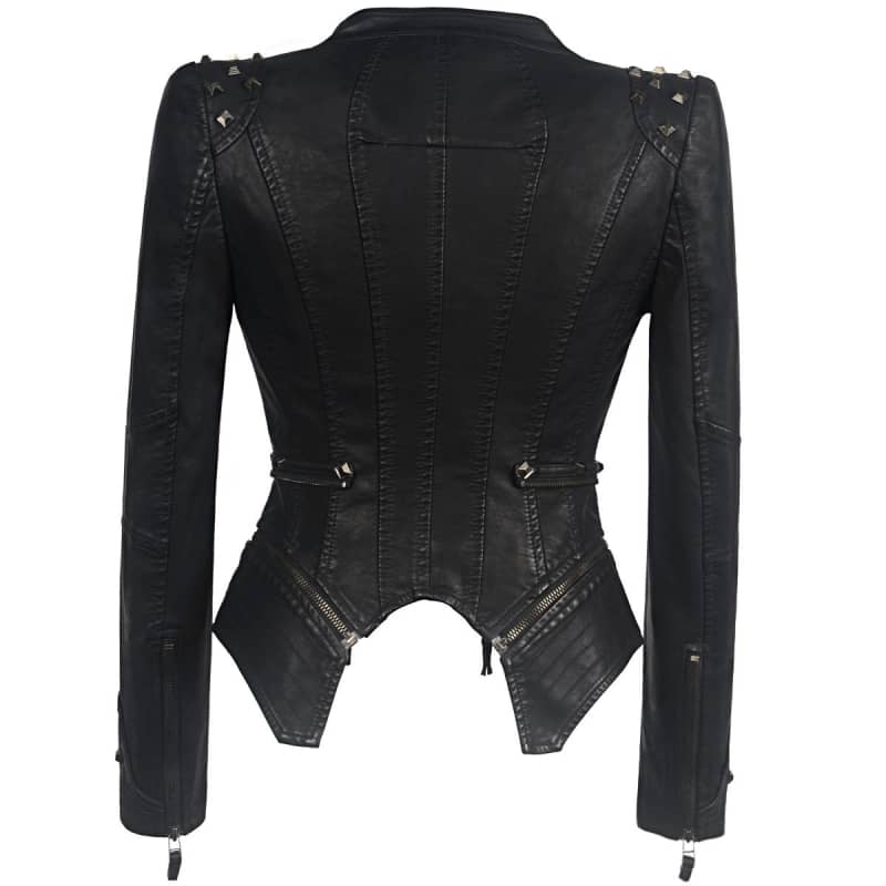 Veste Noir Cintr e Style Biker en Simili Cuir pour Femme