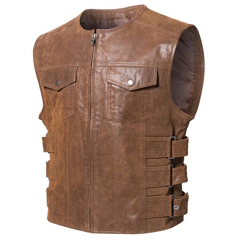 Gilet en Cuir Sans Manche Marron pour Homme Biker