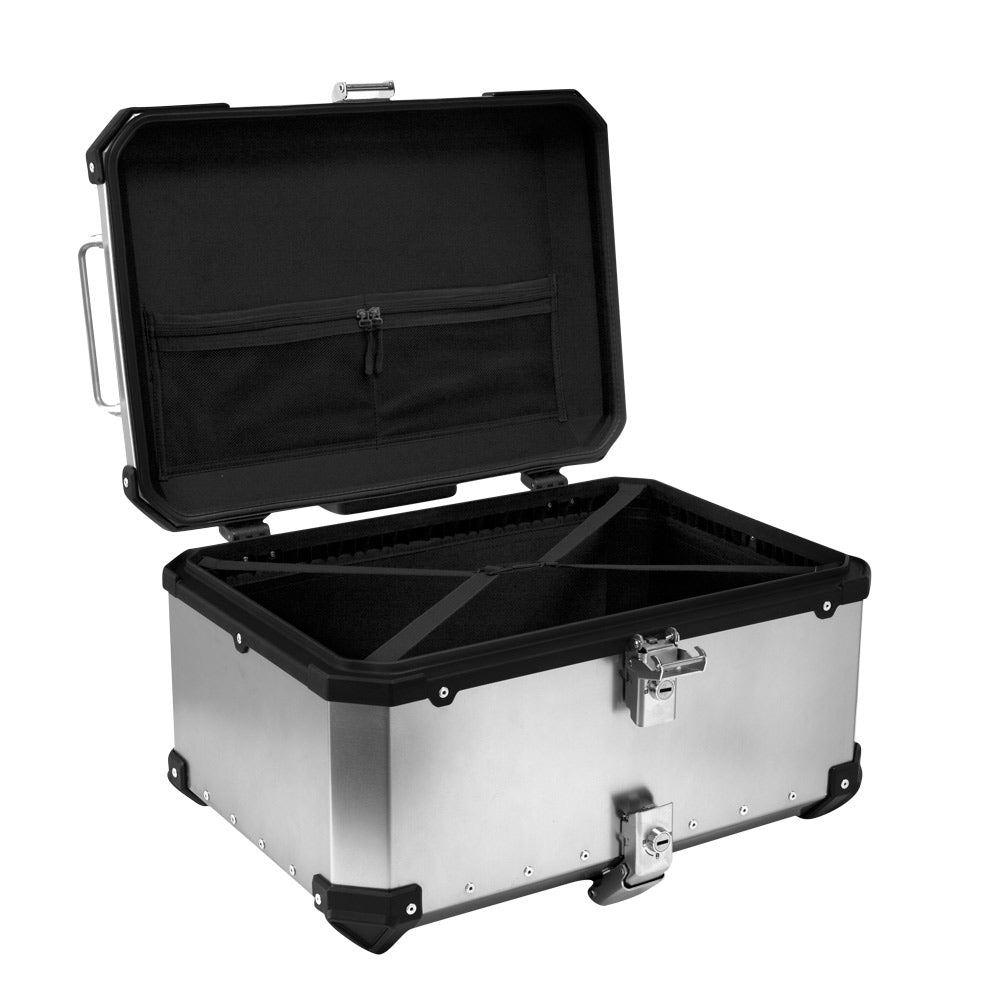 Top-case-moto-55L-en-aluminium-argente-X-Plor-ouvert