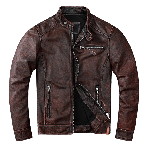 Veste-biker-marron-en-cuir-de-vachette-vintage