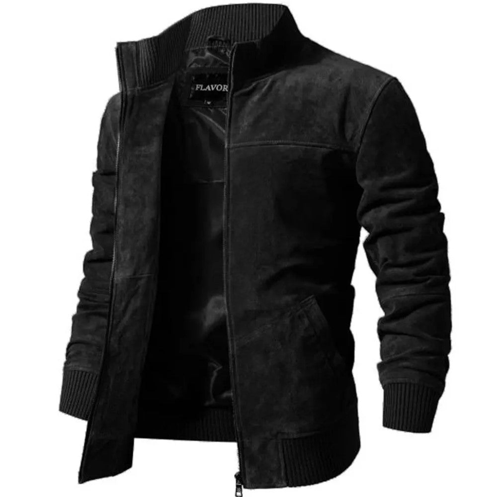 Veste-biker-pour-homme-en-cuir-suede-noir