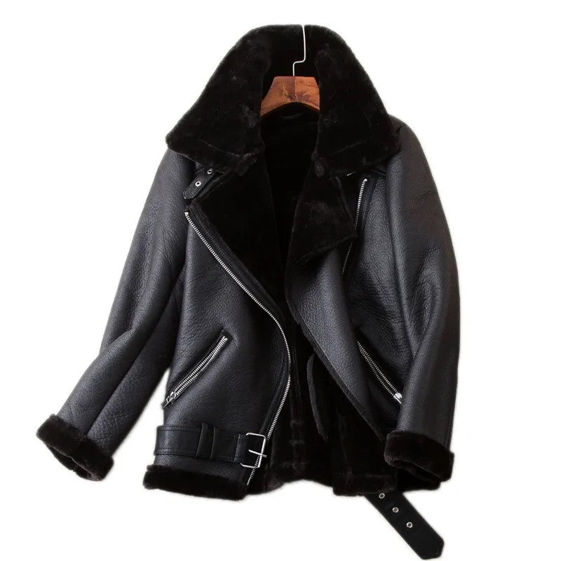 Veste Biker en Simili Cuir avec Fourrure Hiver pour Femme