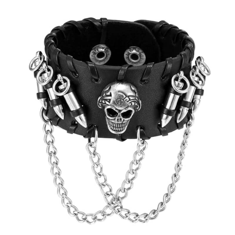 Bracelet gothique cuir avec tête de mort | Boutique biker