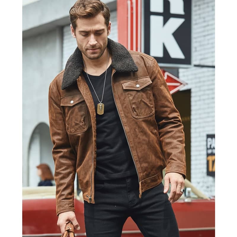 Blouson Biker en Cuir avec un Col Fourrure Homme Boutique biker