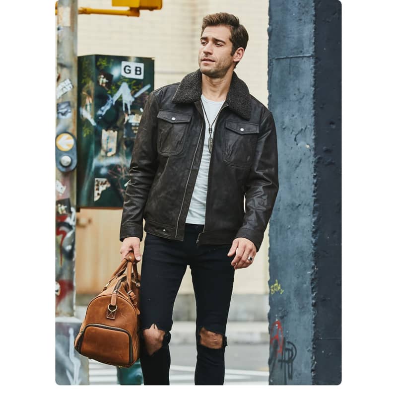 Blouson Biker en Cuir avec un Col Fourrure Homme Boutique biker