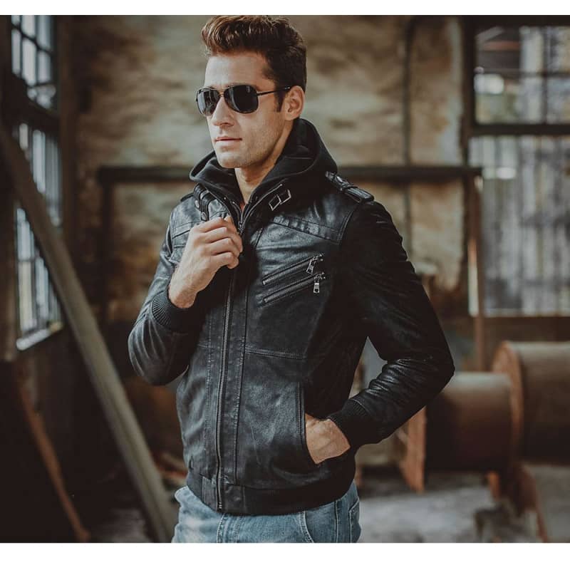 Blouson cuir avec capuche homme hot sale