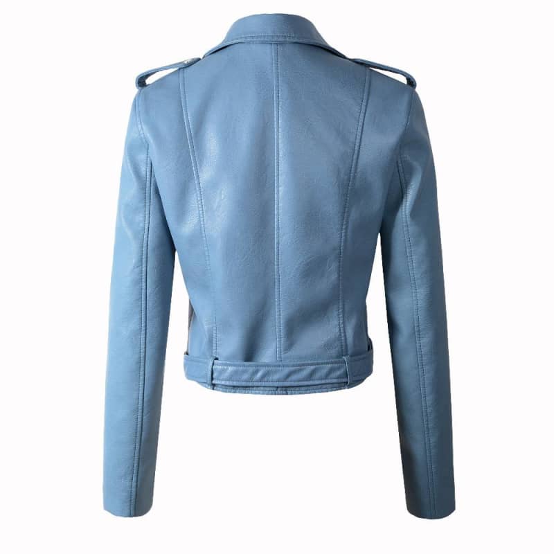 Veste Blouson biker en Simili Cuir Bleu Clair pour Femme