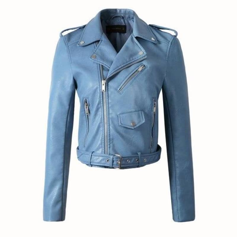 Veste Blouson biker en Simili Cuir Bleu Clair pour Femme